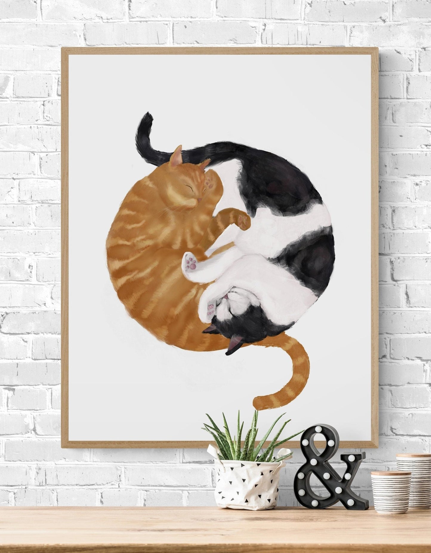 Sleeping Orange And Tuxedo Cat Print - MerikaArt