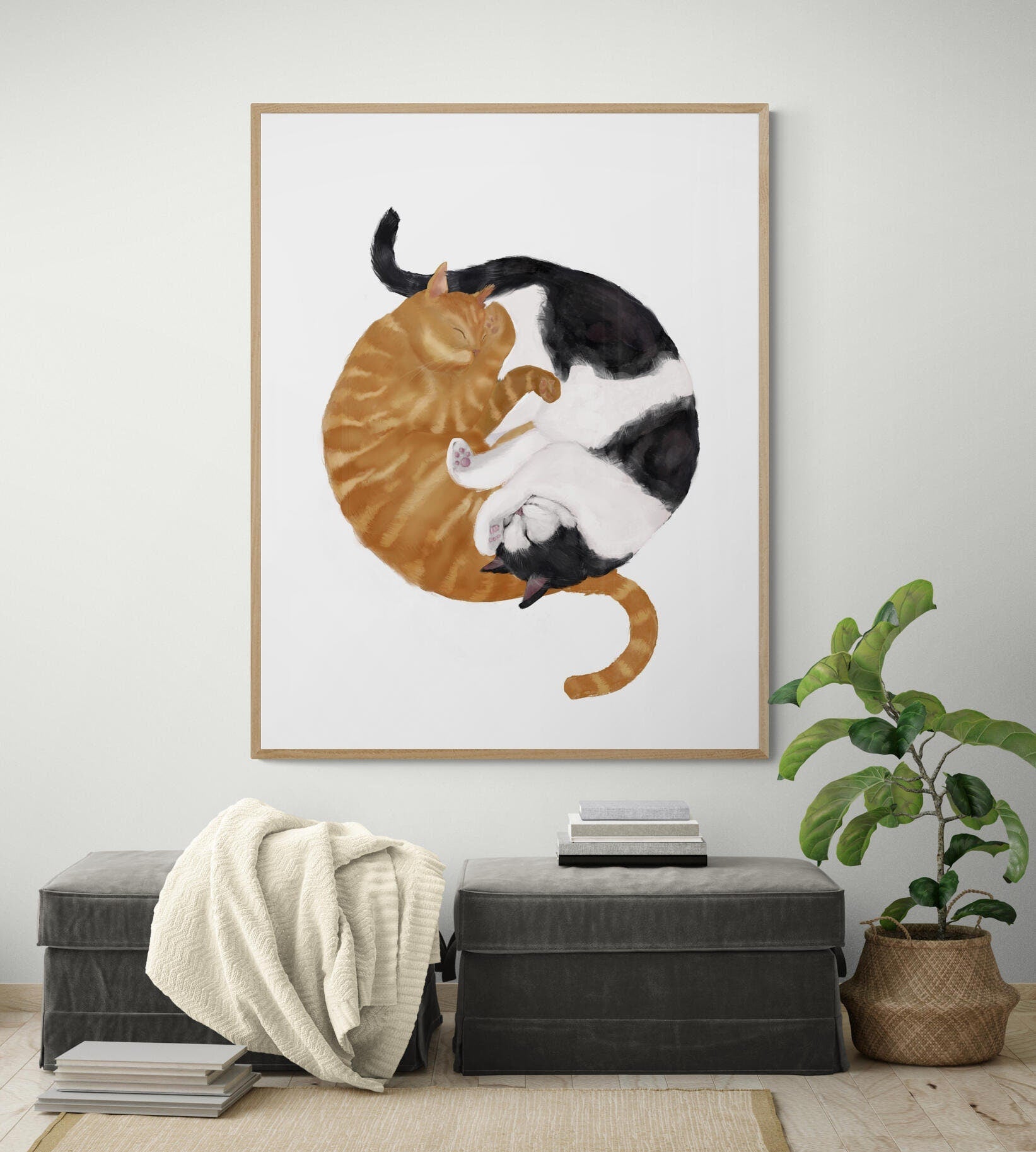 Sleeping Orange And Tuxedo Cat Print - MerikaArt