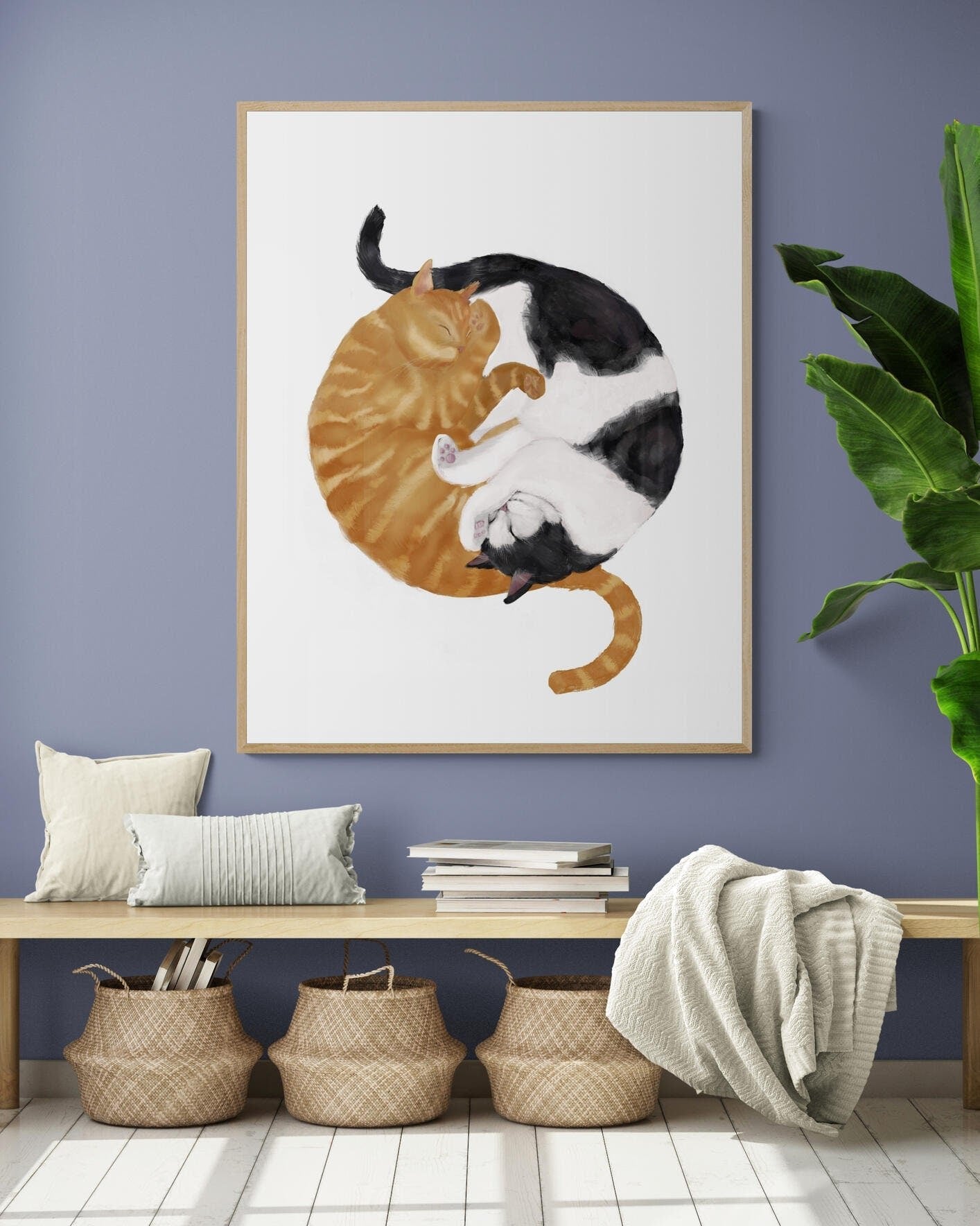 Sleeping Orange And Tuxedo Cat Print - MerikaArt