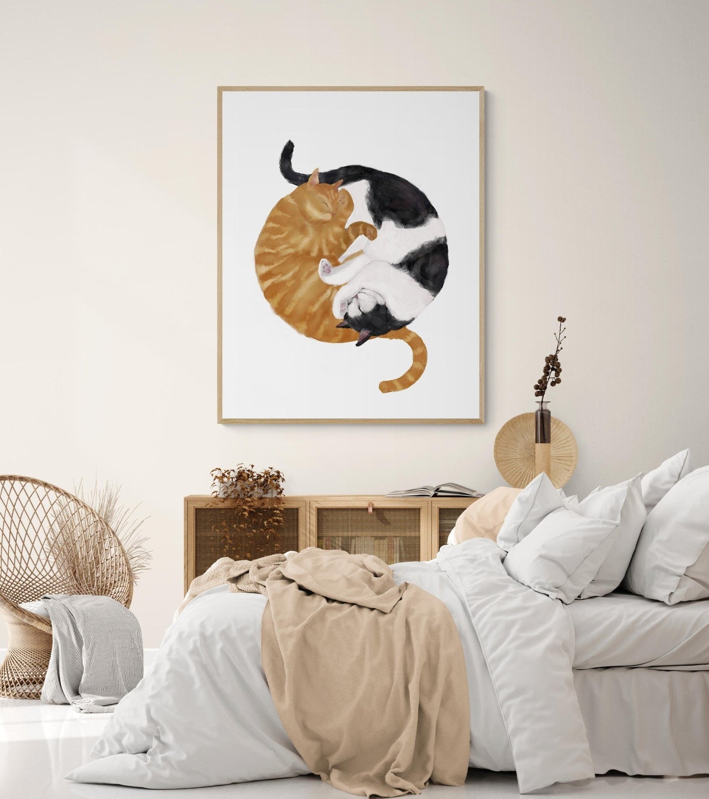 Sleeping Orange And Tuxedo Cat Print - MerikaArt