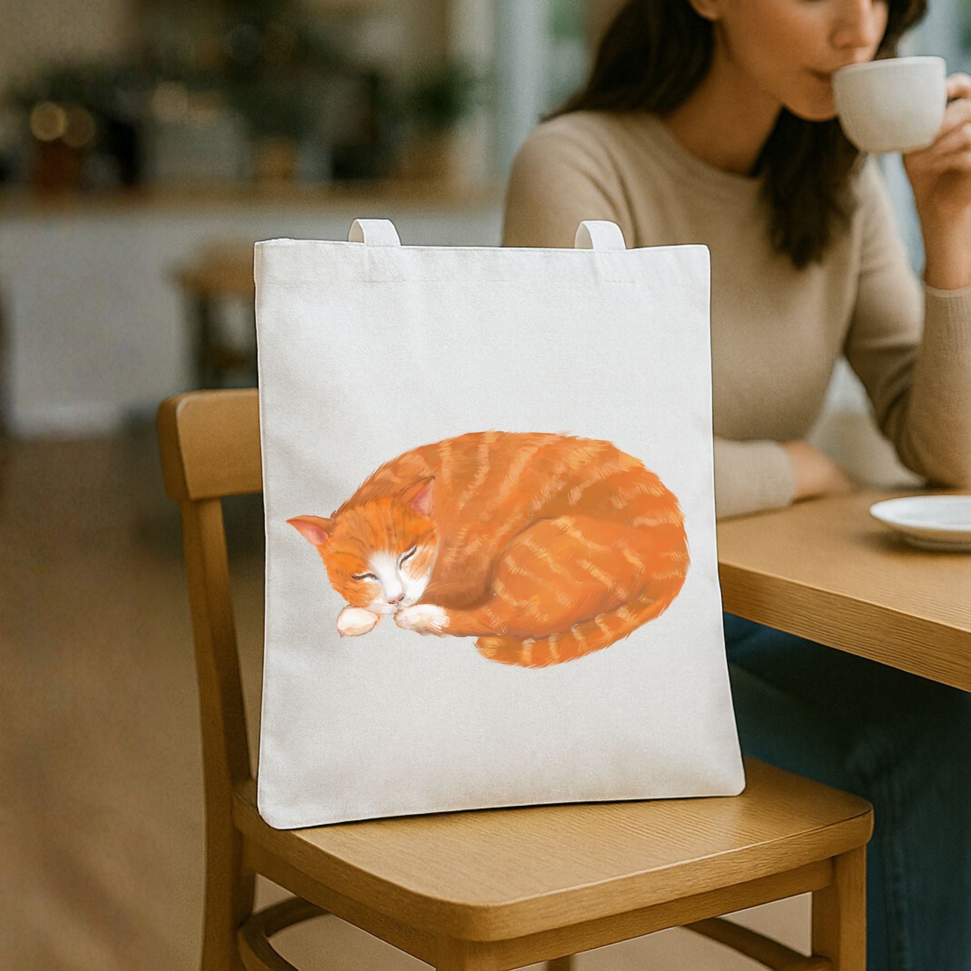 Sleeping Orange Cat Canvas Tote Bag - MerikaArt