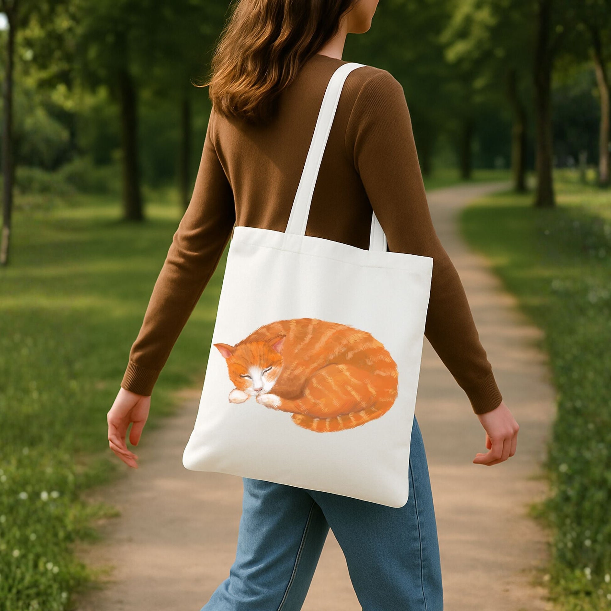Sleeping Orange Cat Canvas Tote Bag - MerikaArt