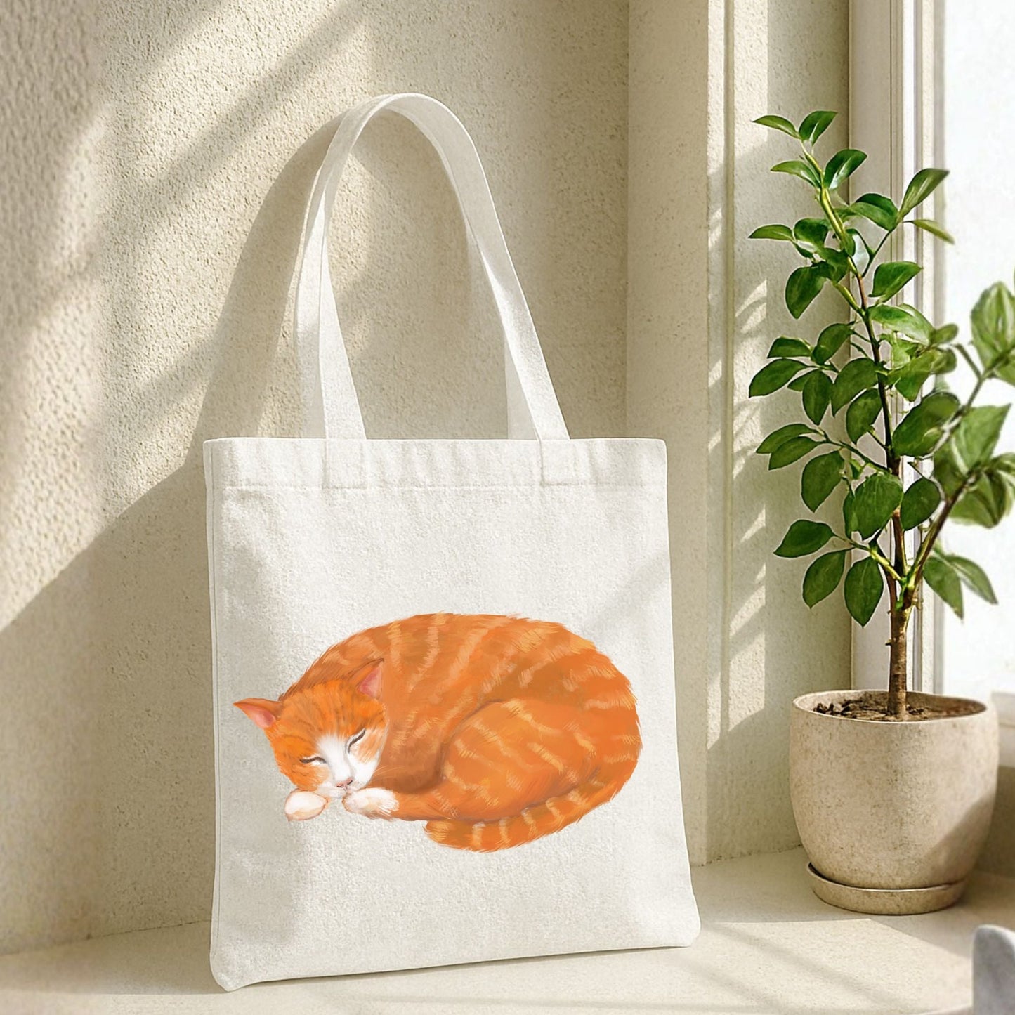 Sleeping Orange Cat Canvas Tote Bag - MerikaArt