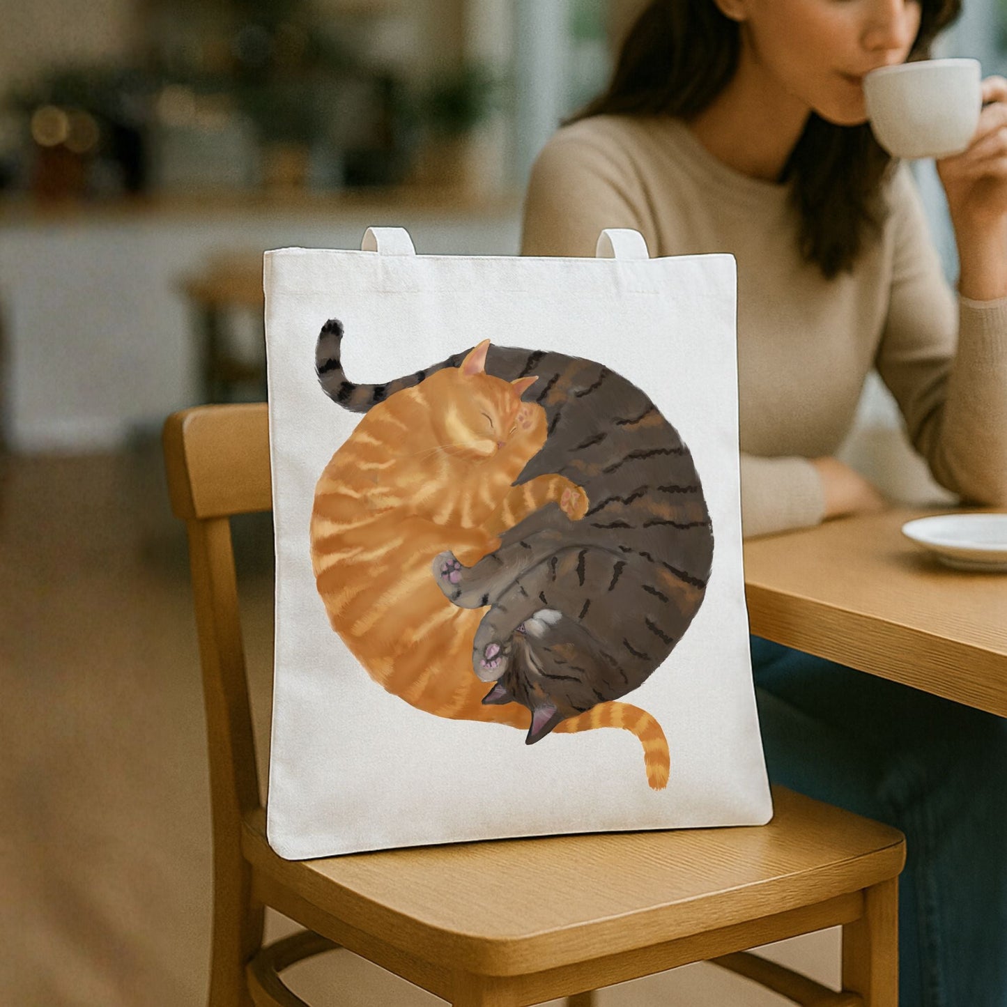 Sleeping Orange Tabby and Brown Tabby Cats Canvas Tote Bag - MerikaArt