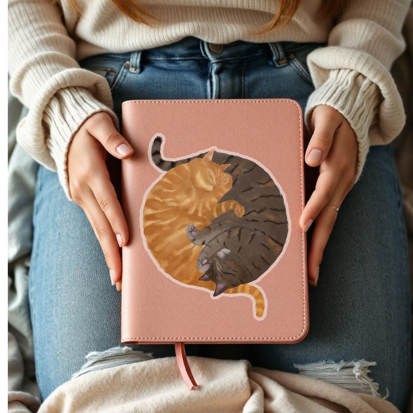 Sleeping Orange Tabby And Gray Cats Vinly Sticker - MerikaArt