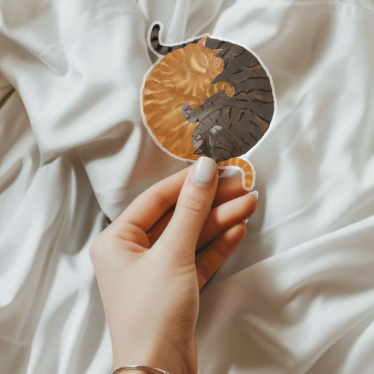 Sleeping Orange Tabby And Gray Cats Vinly Sticker - MerikaArt