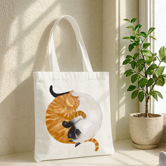 Sleeping Orange Tabby and Siamese Cats Canvas Tote Bag - MerikaArt