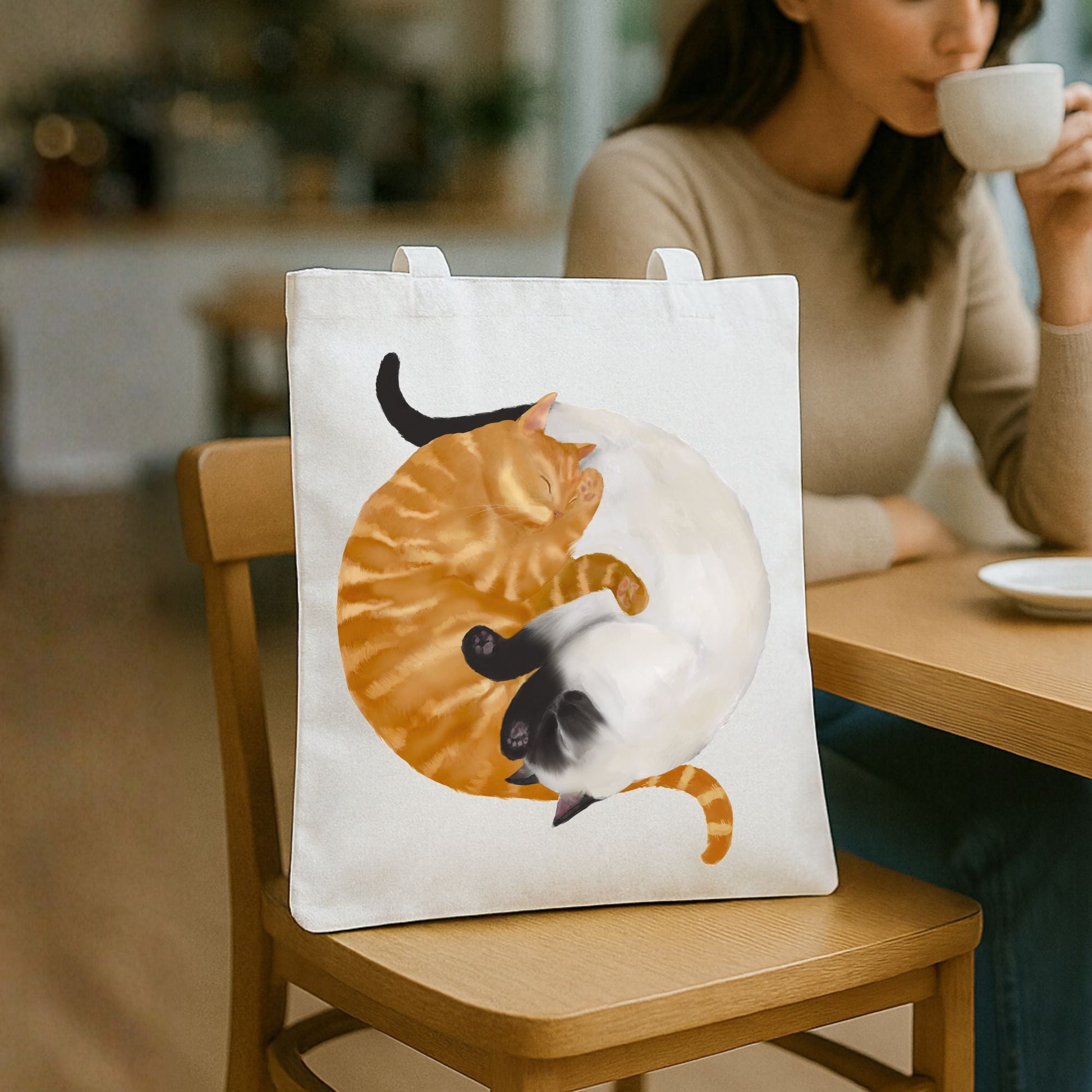 Sleeping Orange Tabby and Siamese Cats Canvas Tote Bag - MerikaArt