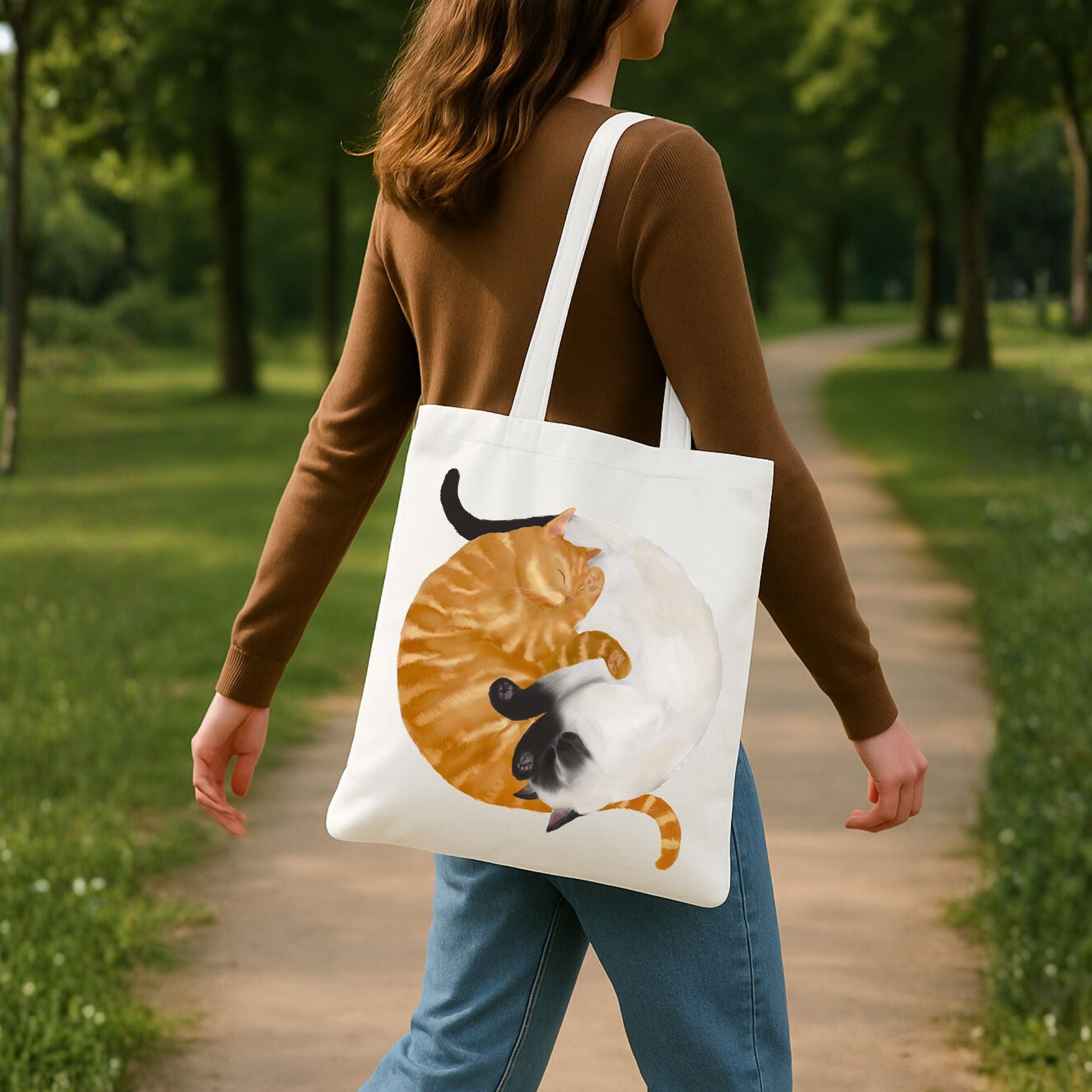 Sleeping Orange Tabby and Siamese Cats Canvas Tote Bag - MerikaArt