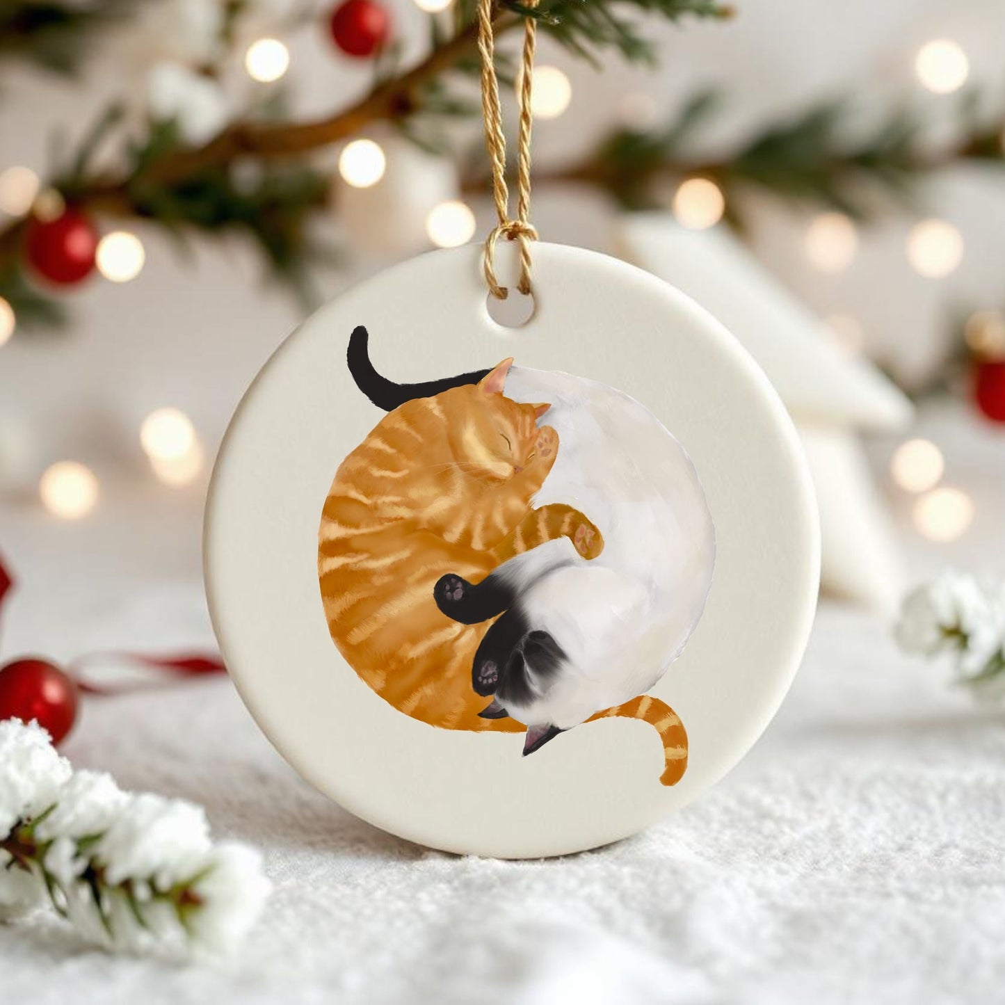 Sleeping Orange Tabby And Siamese Cats Ceramic Ornament - MerikaArt