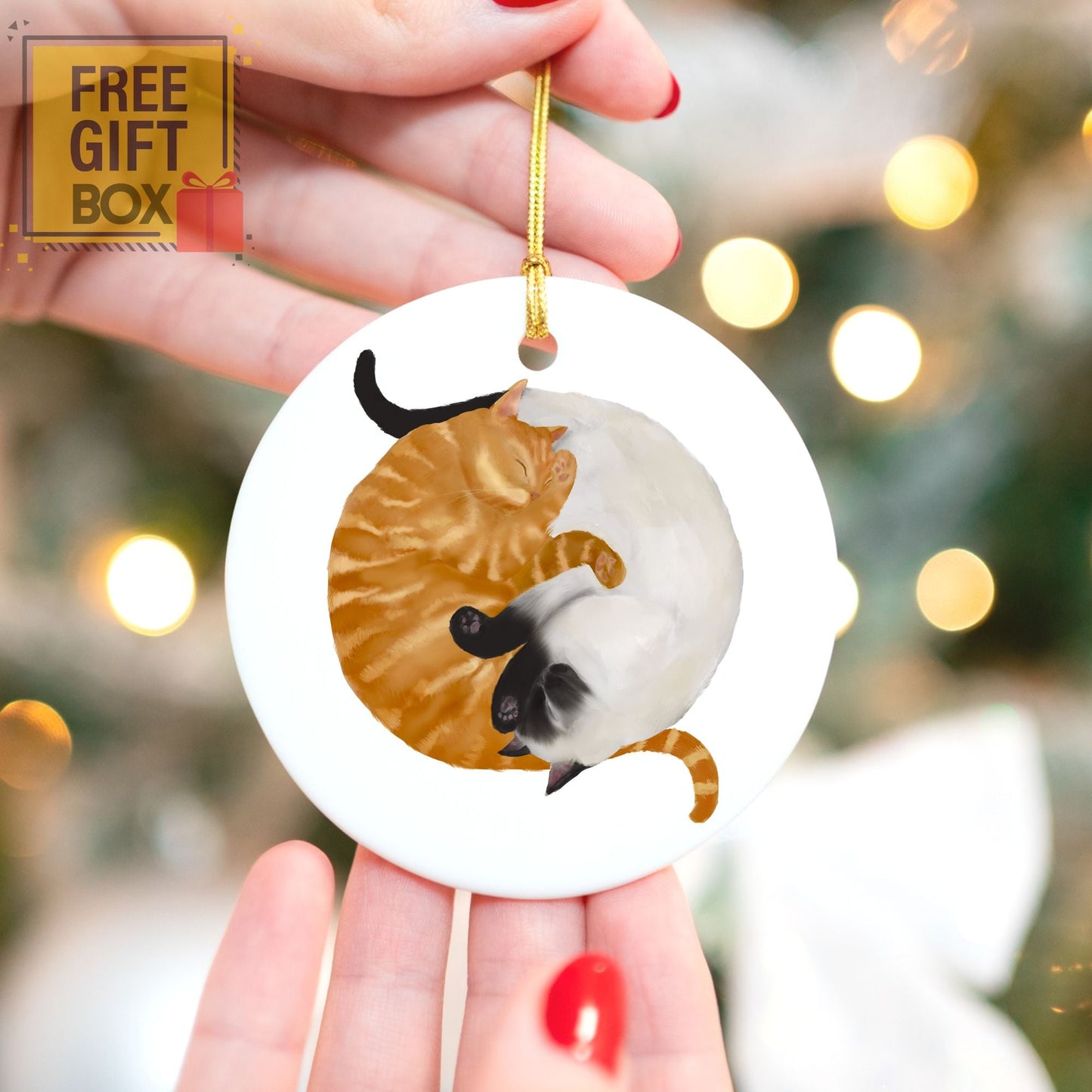 Sleeping Orange Tabby And Siamese Cats Ceramic Ornament - MerikaArt