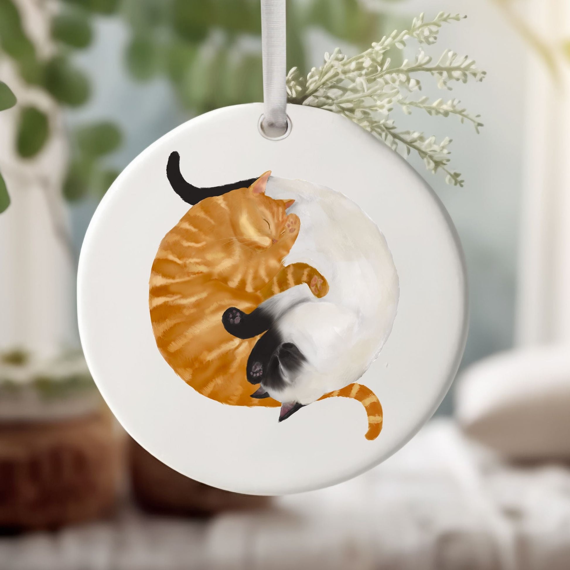 Sleeping Orange Tabby And Siamese Cats Ceramic Ornament - MerikaArt