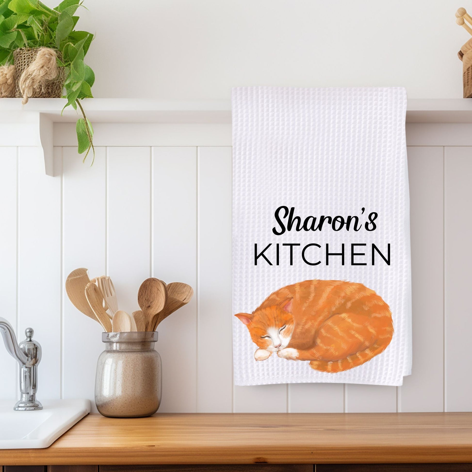 Sleeping Orange Tabby Cat Kitchen Towel - MerikaArt