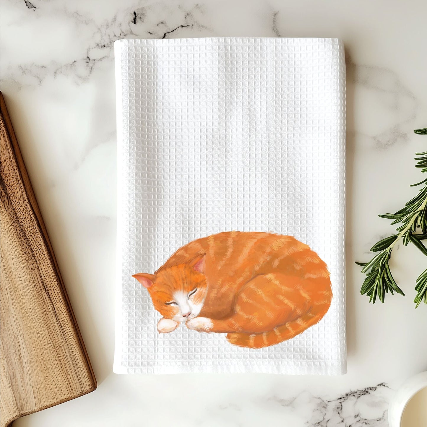 Sleeping Orange Tabby Cat Kitchen Towel - MerikaArt