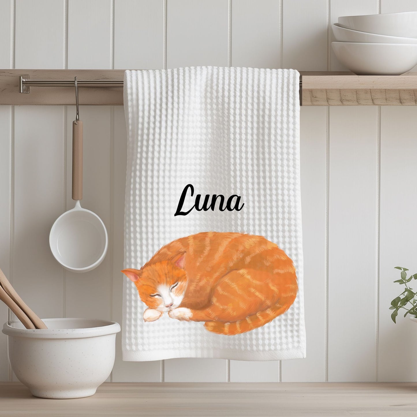 Sleeping Orange Tabby Cat Kitchen Towel - MerikaArt