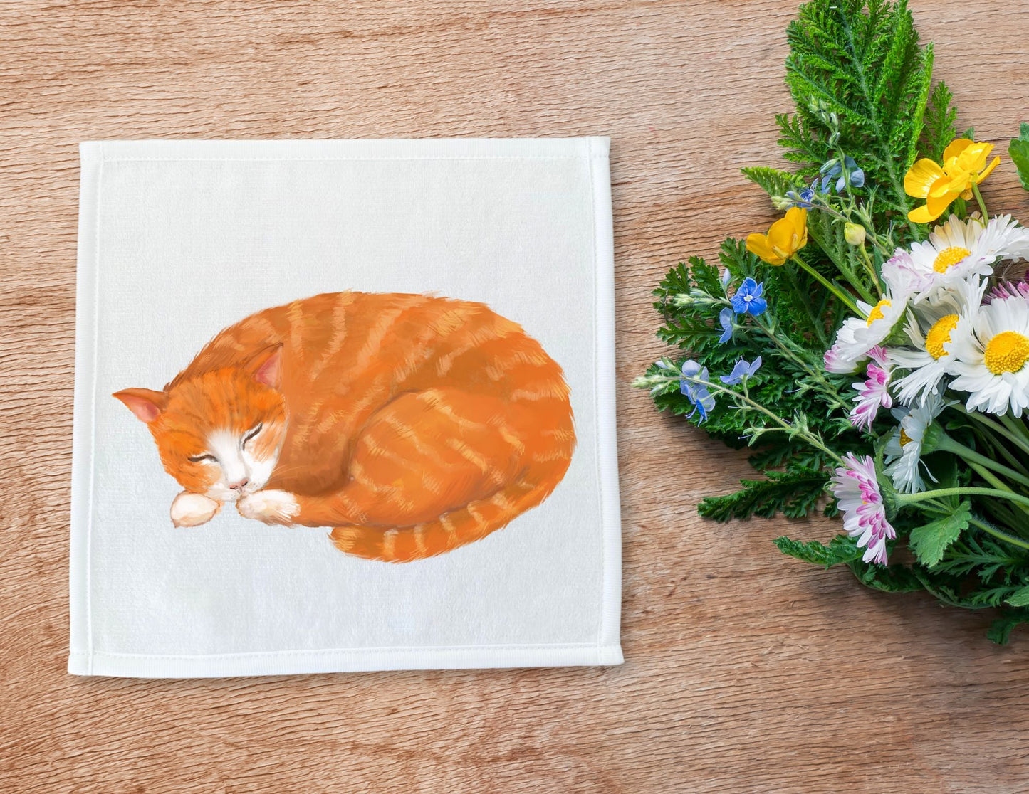 Sleeping Orange Tabby Cat Washcloth - MerikaArt