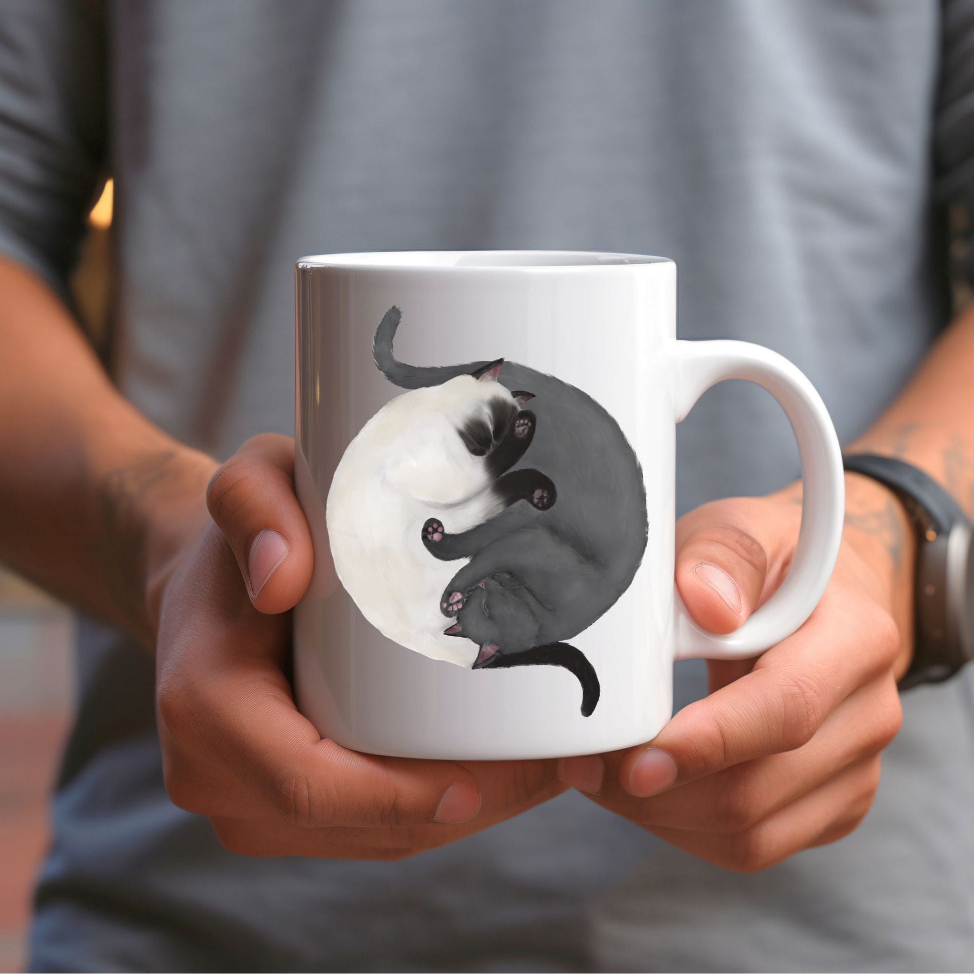 Sleeping Siamese and Gray Cat Mug - MerikaArt