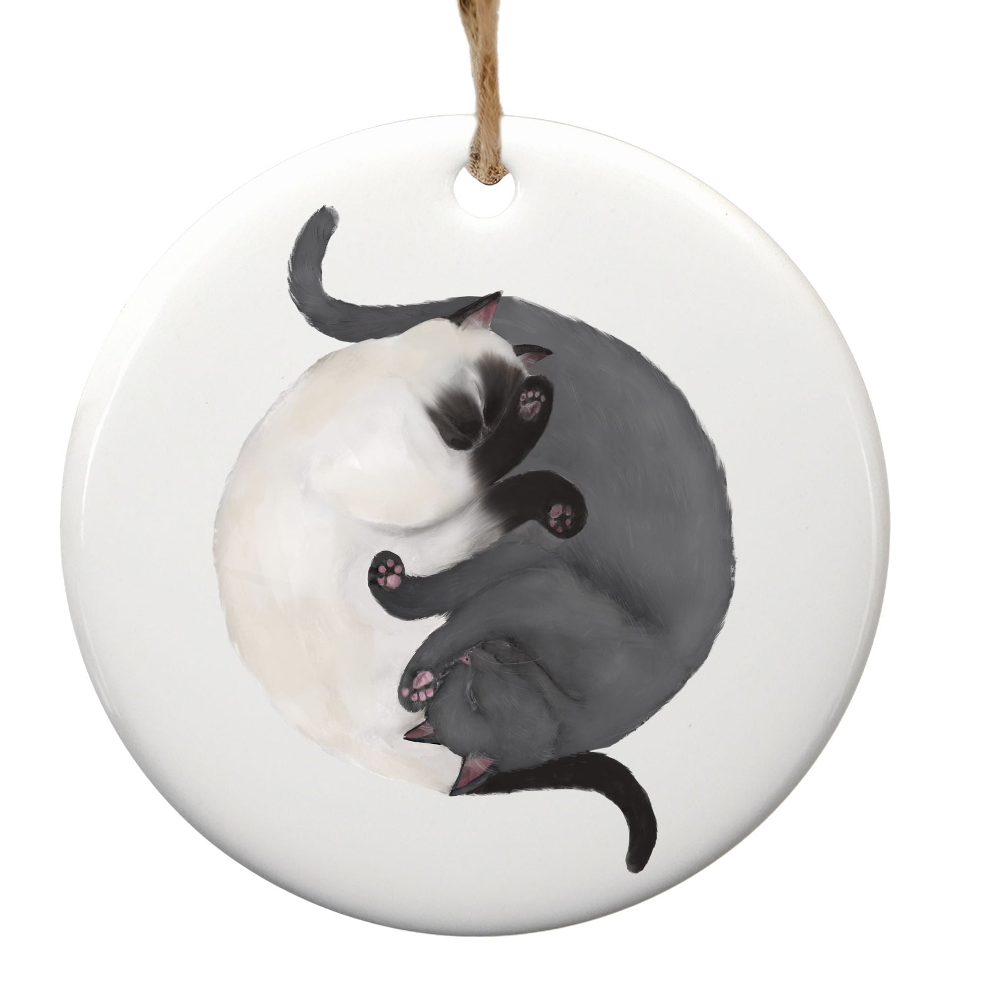 Sleeping Siamese and Gray Cats Ceramic Ornament - MerikaArt