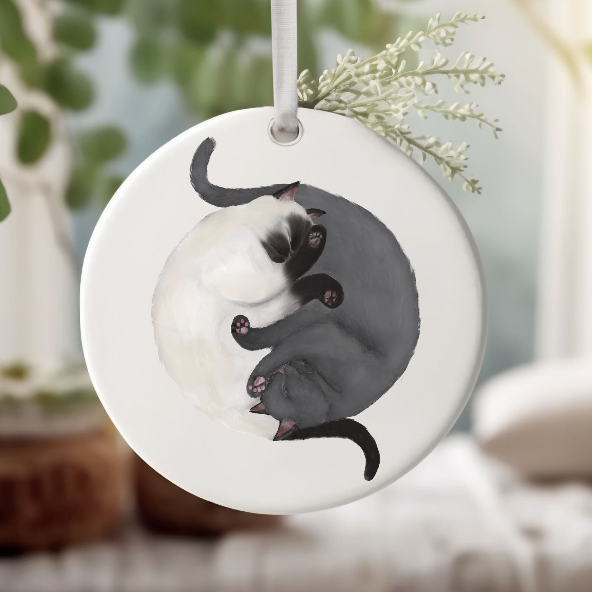 Sleeping Siamese and Gray Cats Ceramic Ornament - MerikaArt