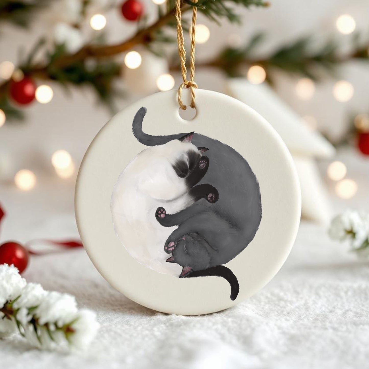Sleeping Siamese and Gray Cats Ceramic Ornament - MerikaArt
