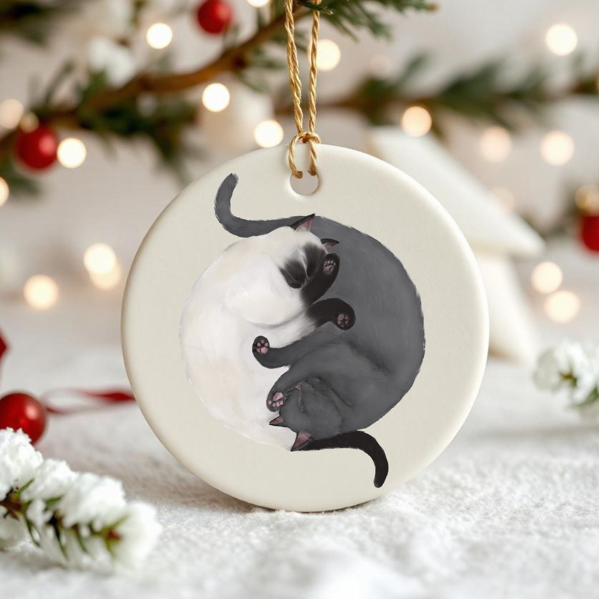 Sleeping Siamese and Gray Cats Ceramic Ornament - MerikaArt