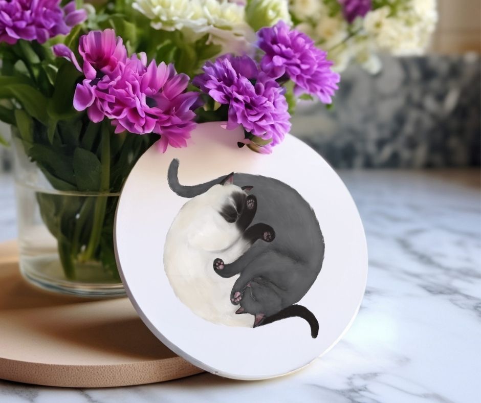 Sleeping Siamese and Gray Cats Personalized Ceramic Coaster - MerikaArt