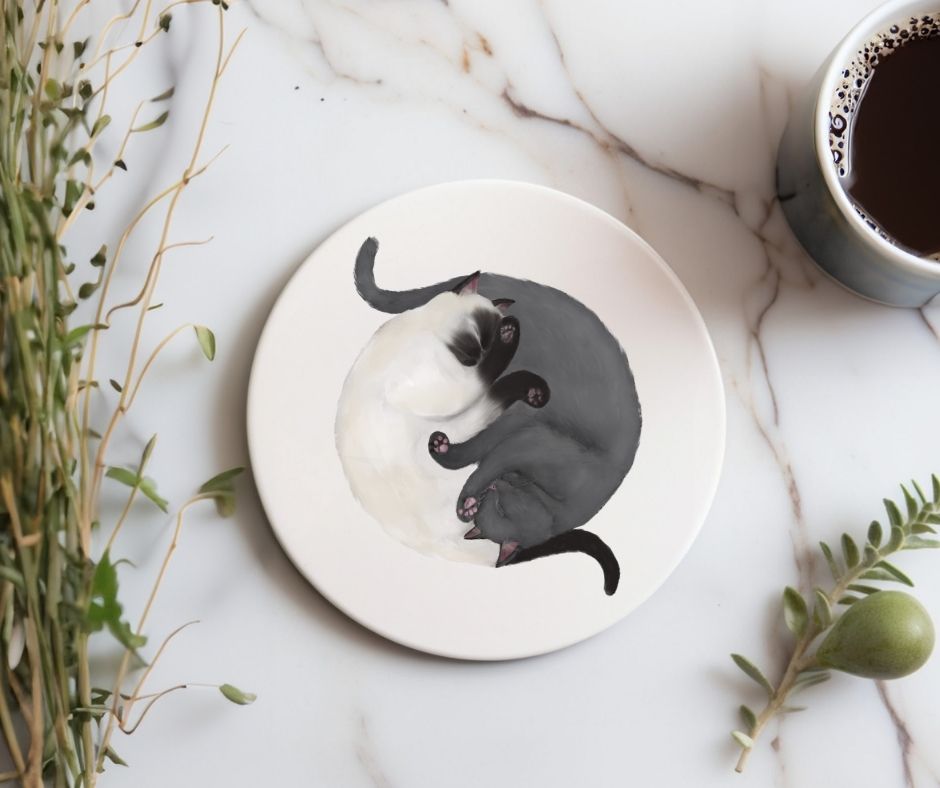 Sleeping Siamese and Gray Cats Personalized Ceramic Coaster - MerikaArt