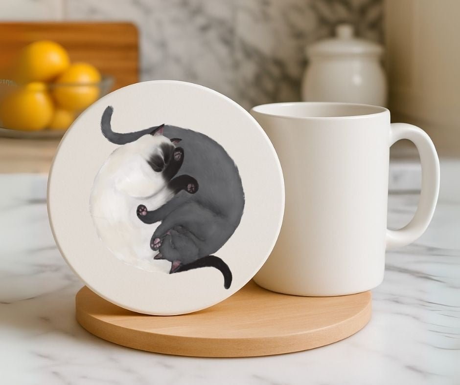 Sleeping Siamese and Gray Cats Personalized Ceramic Coaster - MerikaArt