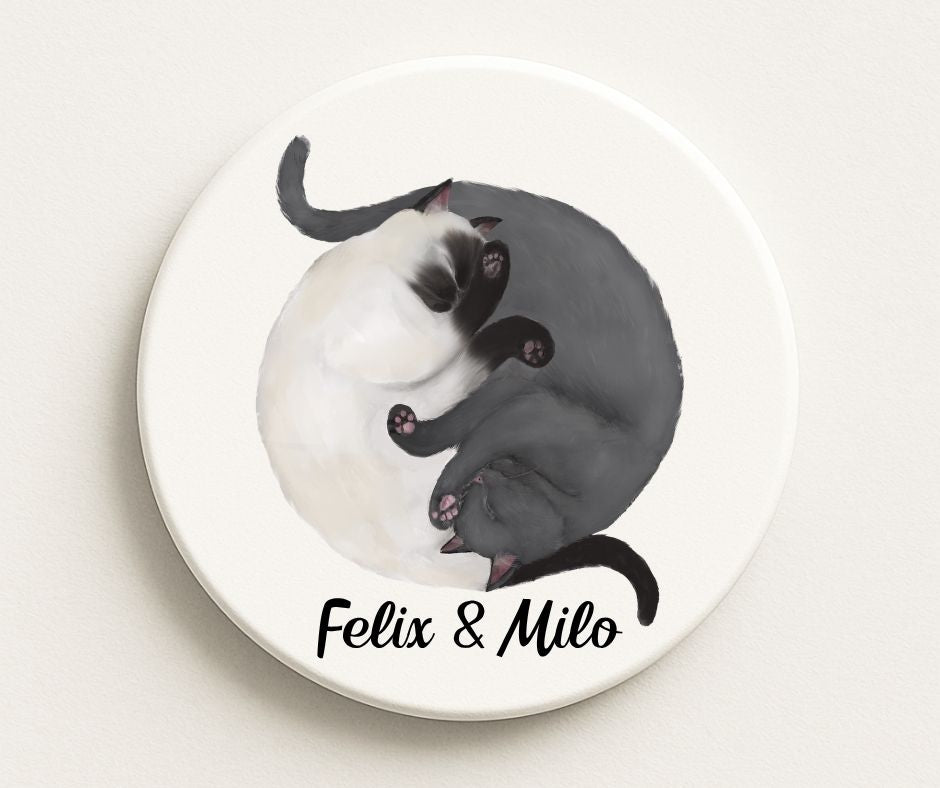Sleeping Siamese and Gray Cats Personalized Ceramic Coaster - MerikaArt