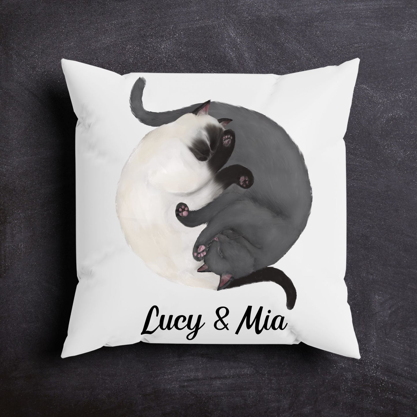 Sleeping Siamese and Gray Cats Pillow - MerikaArt