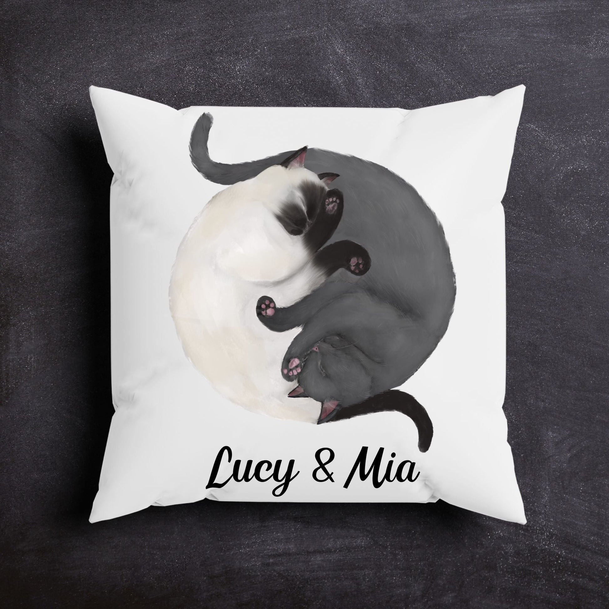 Sleeping Siamese and Gray Cats Pillow - MerikaArt