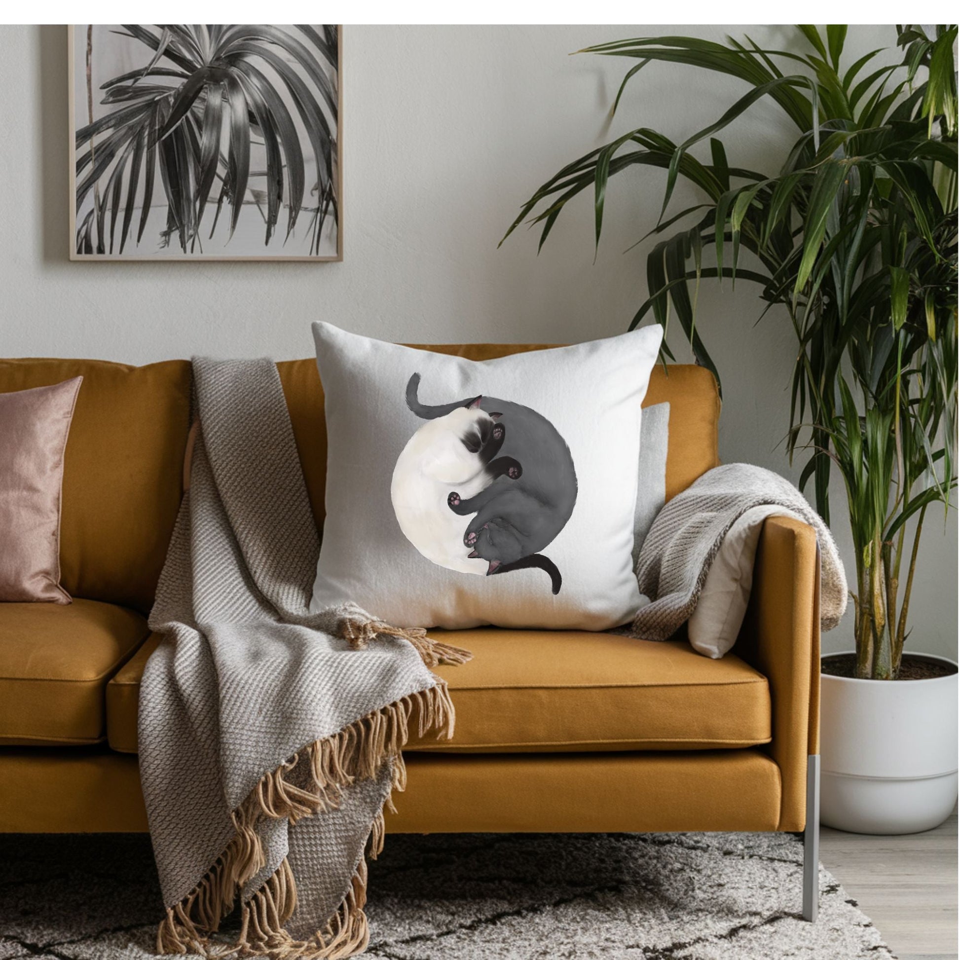 Sleeping Siamese and Gray Cats Pillow - MerikaArt