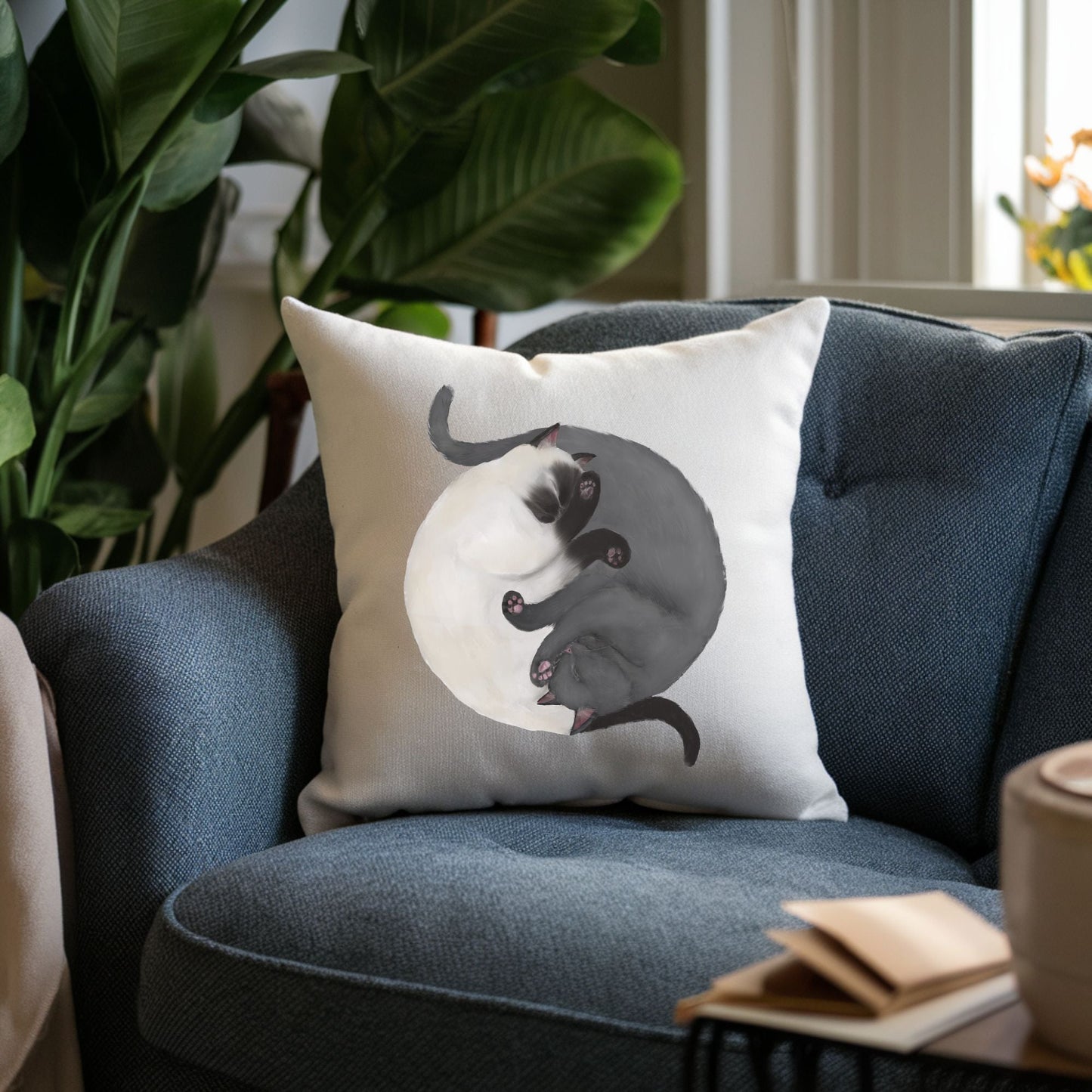Sleeping Siamese and Gray Cats Pillow - MerikaArt