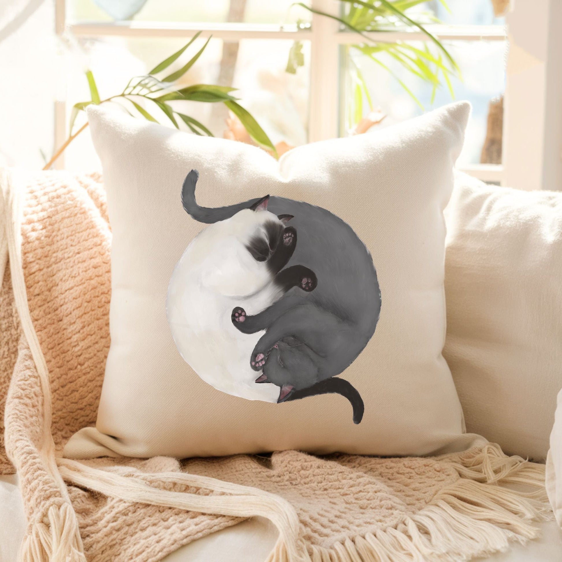 Sleeping Siamese and Gray Cats Pillow - MerikaArt
