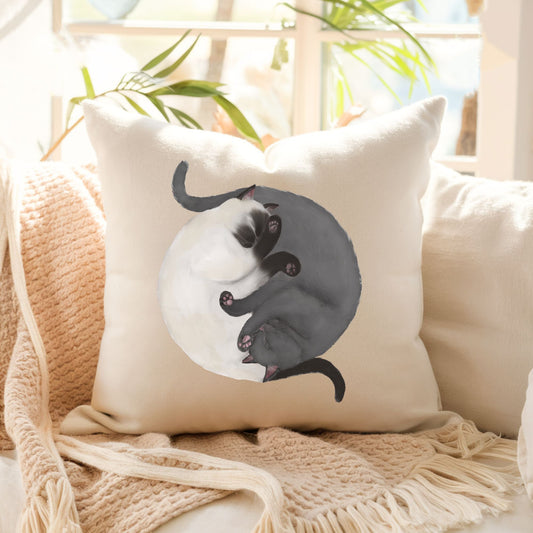 Sleeping Siamese and Gray Cats Pillow - MerikaArt