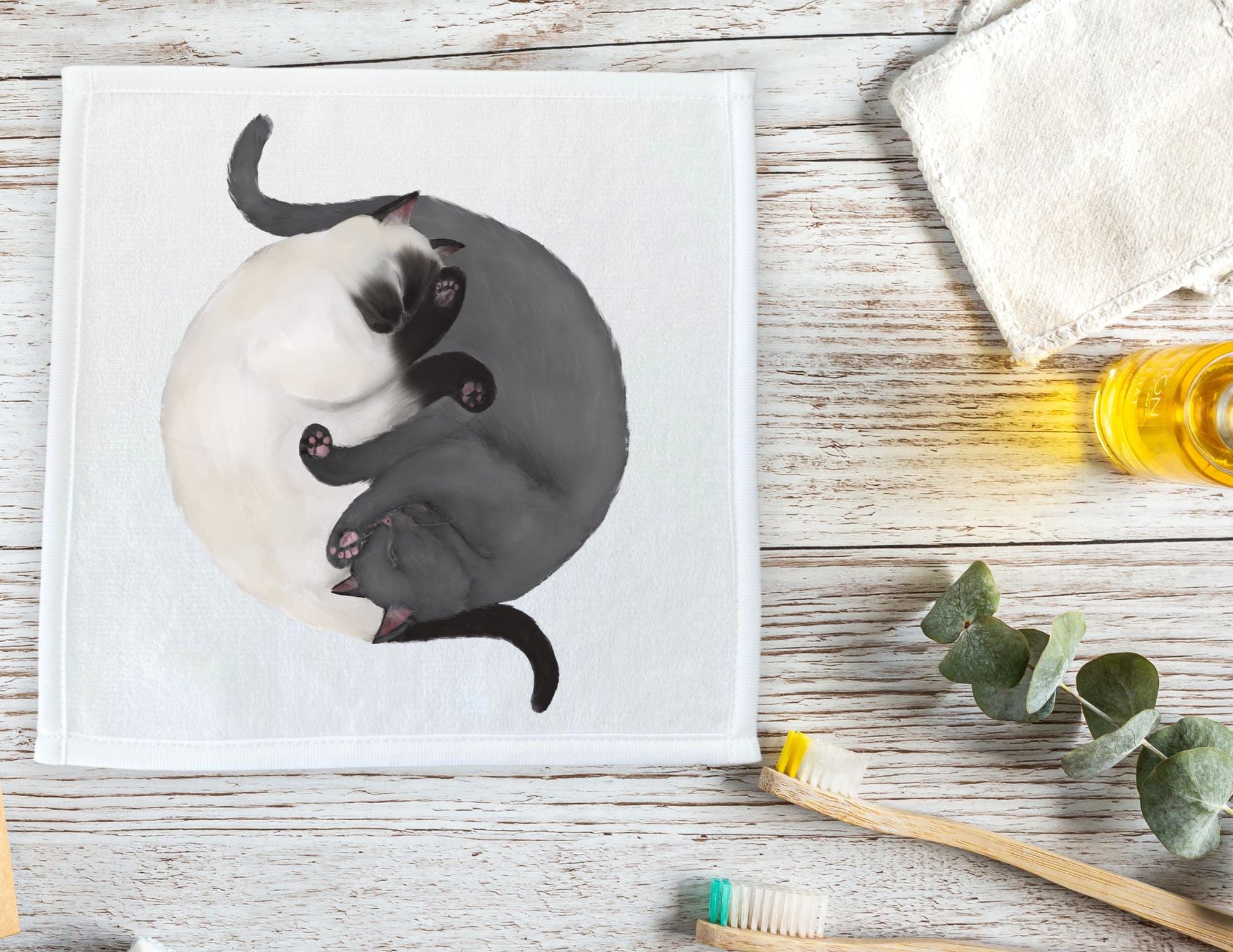 Sleeping Siamese and Gray Cats Washcloth - MerikaArt