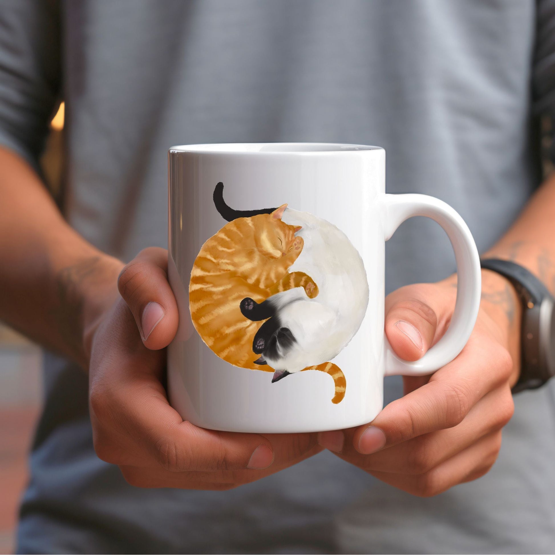 Sleeping Siamese and Orange Cat Mug - MerikaArt