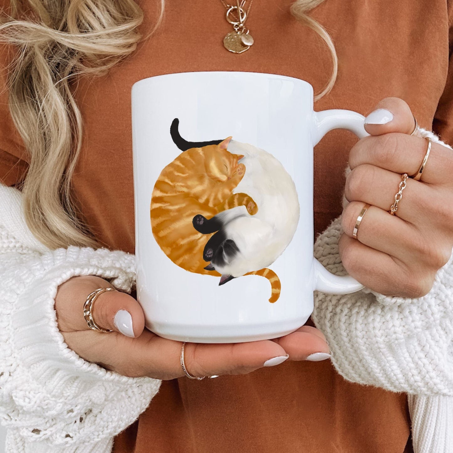 Sleeping Siamese and Orange Cat Mug - MerikaArt