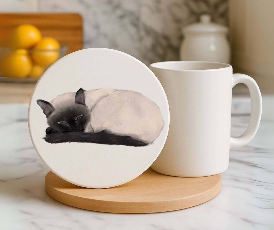 Sleeping Siamese Cat Ceramic Coaster - MerikaArt