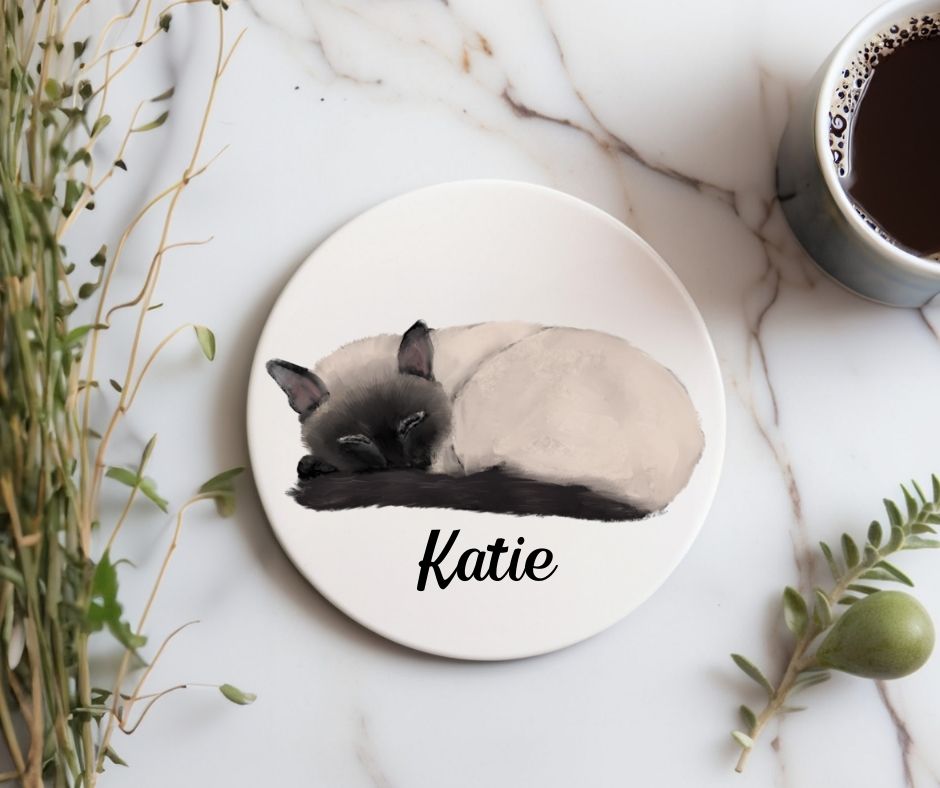 Sleeping Siamese Cat Ceramic Coaster - MerikaArt