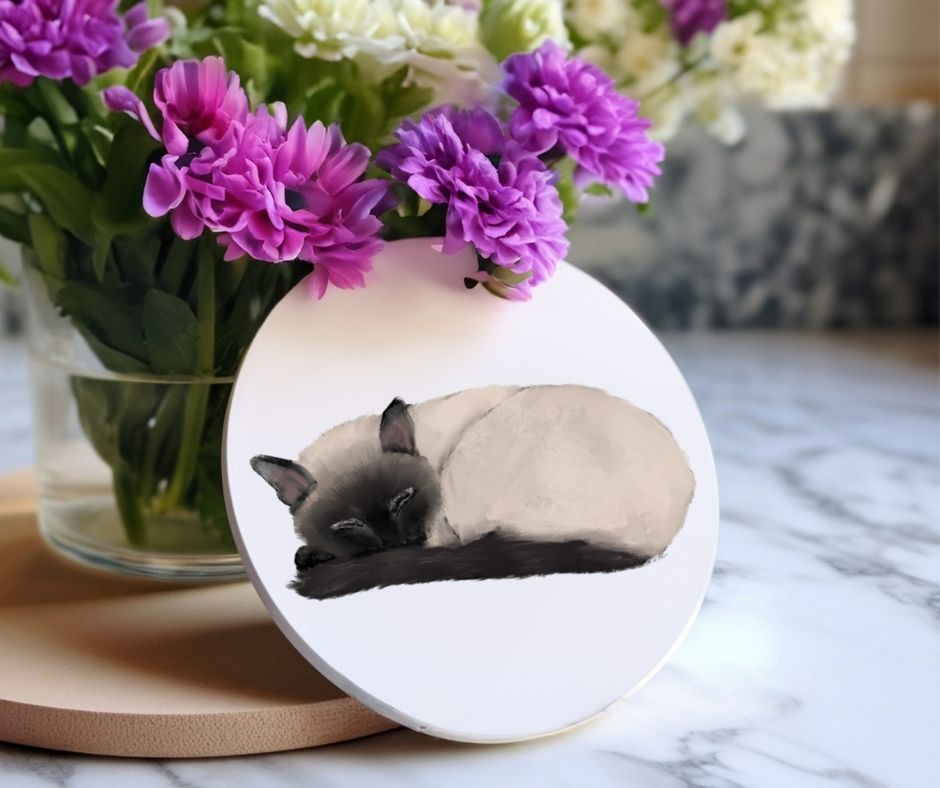 Sleeping Siamese Cat Ceramic Coaster - MerikaArt