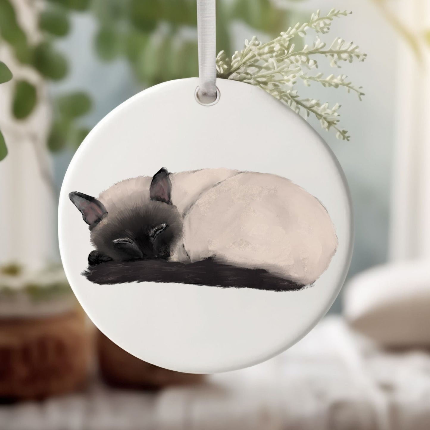 Sleeping Siamese Cat Ceramic Ornament - MerikaArt