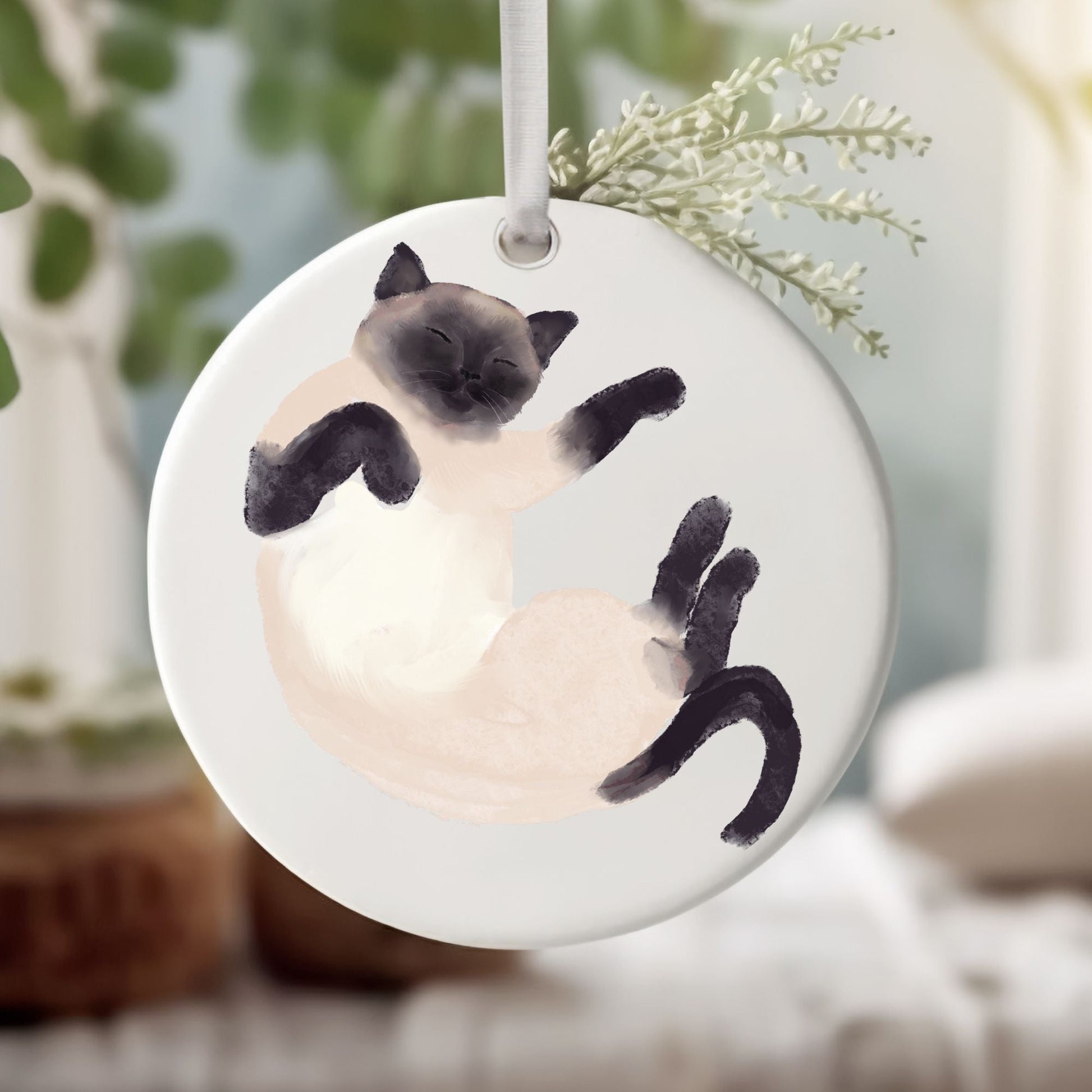 Sleeping Siamese Cat Ceramic Ornament - MerikaArt