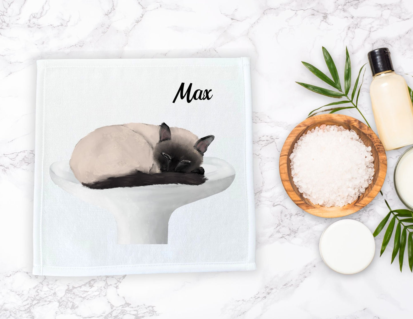 Sleeping Siamese Cat on Sink Washcloth - MerikaArt