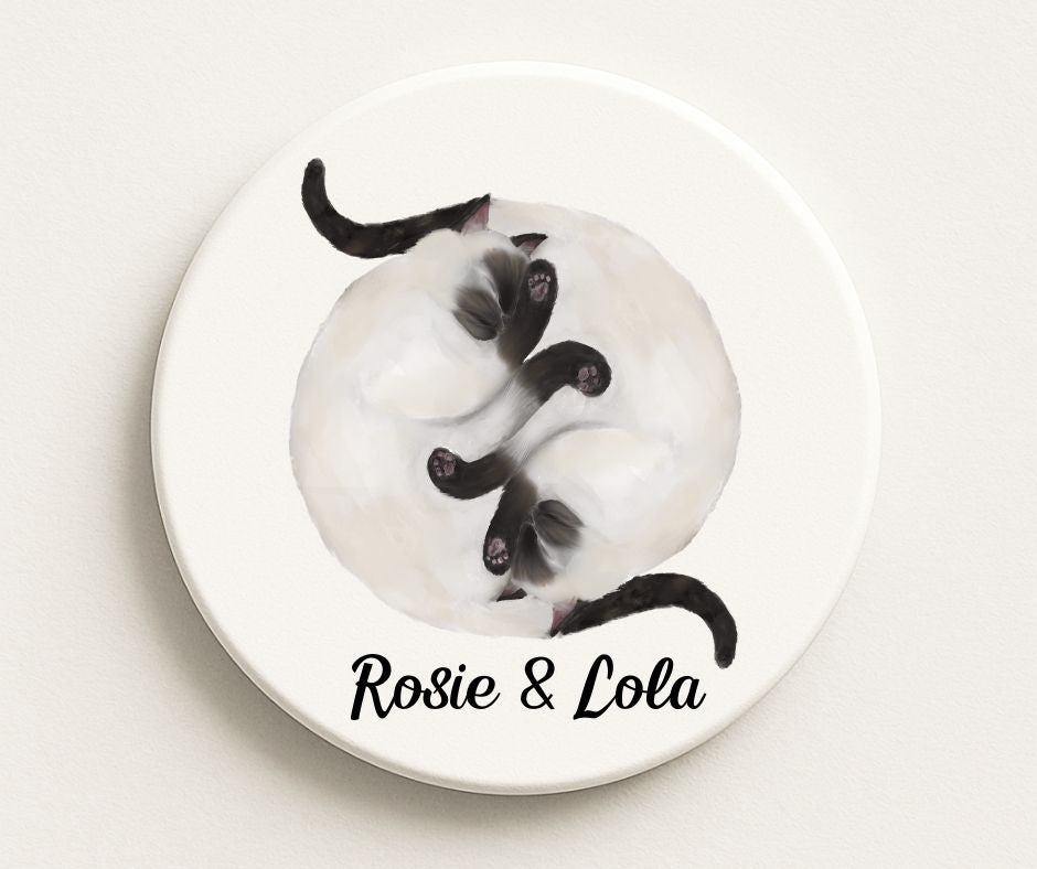 Sleeping Siamese Cats Ceramic Coaster - MerikaArt