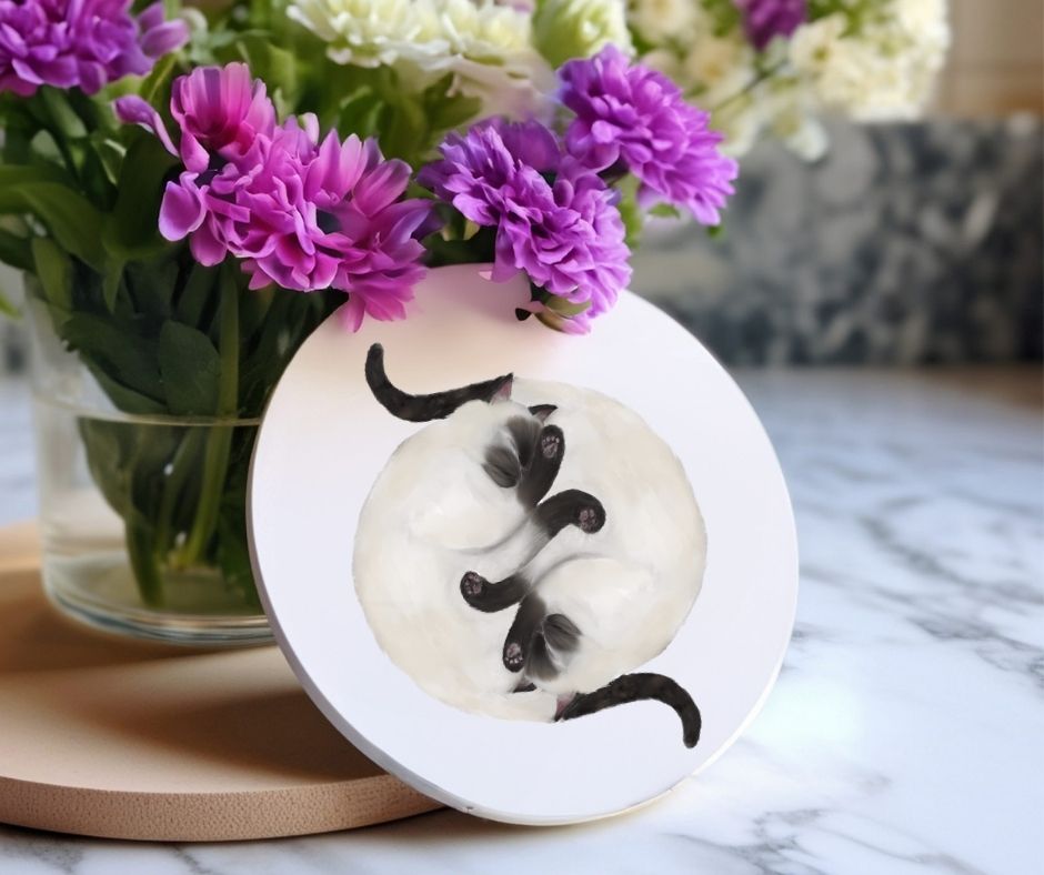 Sleeping Siamese Cats Ceramic Coaster - MerikaArt