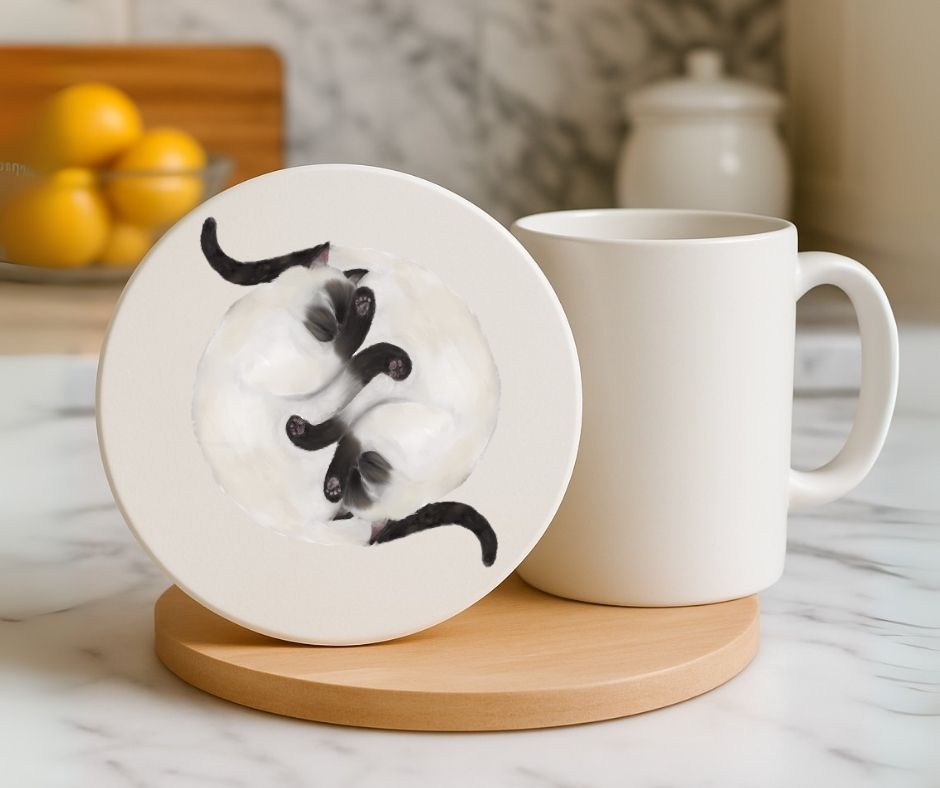 Sleeping Siamese Cats Ceramic Coaster - MerikaArt