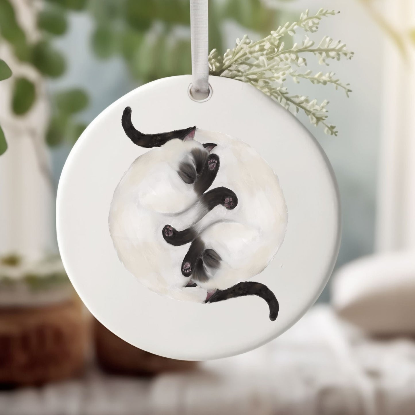 Sleeping Siamese Cats Ceramic Ornament - MerikaArt