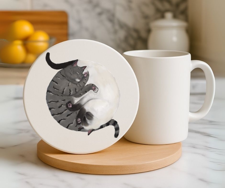 Sleeping Tabby and Siamese Cats Ceramic Coaster - MerikaArt