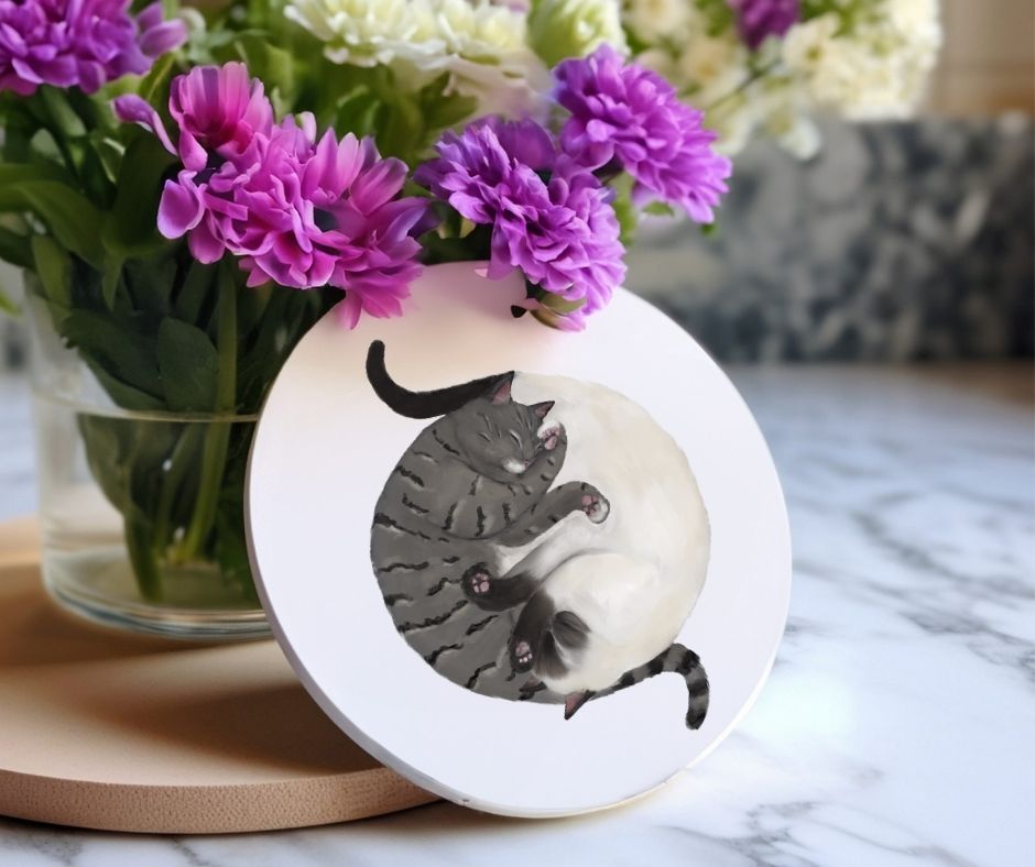 Sleeping Tabby and Siamese Cats Ceramic Coaster - MerikaArt
